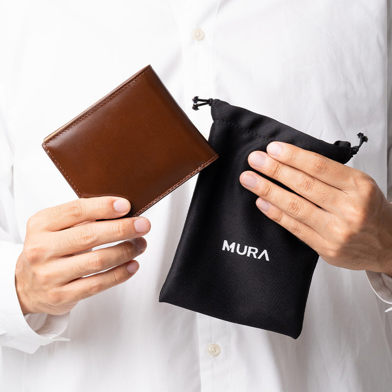 コードバン調 牛本革 フルグレイン スムースレザー ボックス型コイン収納 二つ折り財布