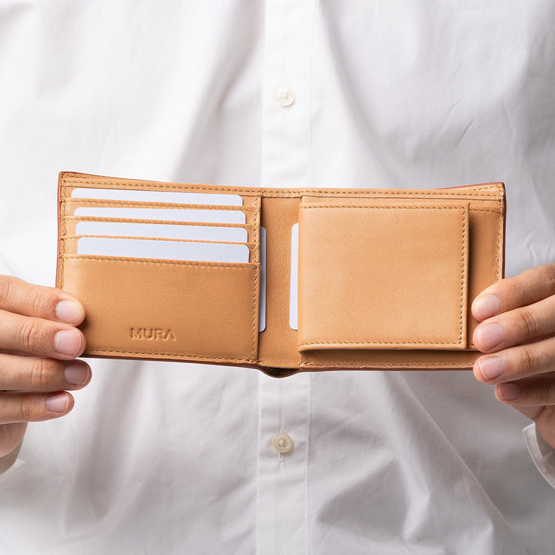 コードバン調 牛本革 フルグレイン スムースレザー ボックス型コイン収納 二つ折り財布