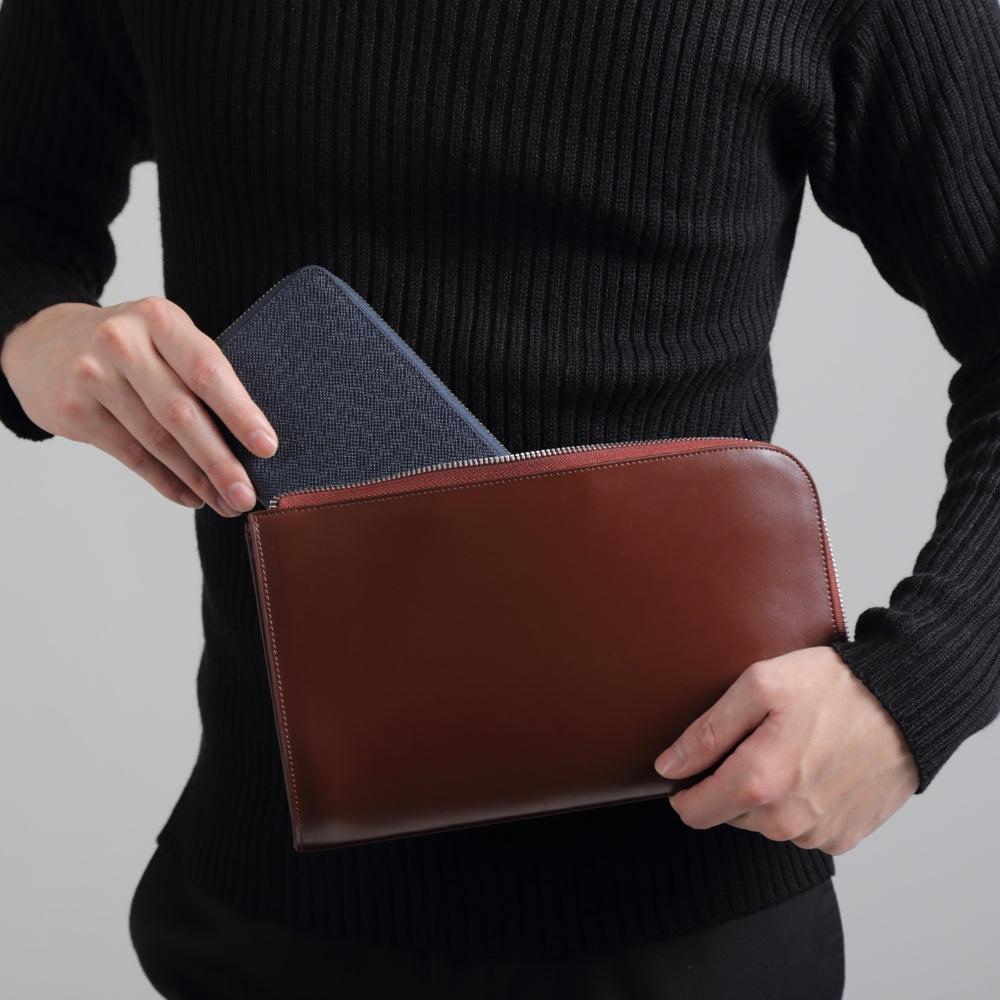 コードバン調/カーボン レザー L字ファスナー コンパクト クラッチバッグ