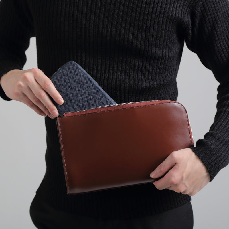 コードバン調/カーボン レザー L字ファスナー コンパクト クラッチバッグ