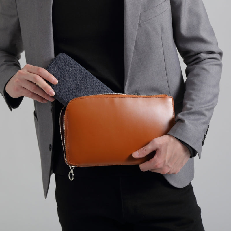 コードバン調/カーボン レザー L字ファスナー コンパクト クラッチバッグ