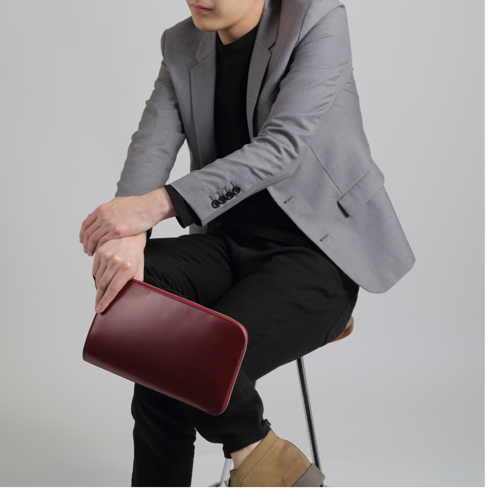 コードバン調/カーボン レザー L字ファスナー コンパクト クラッチバッグ