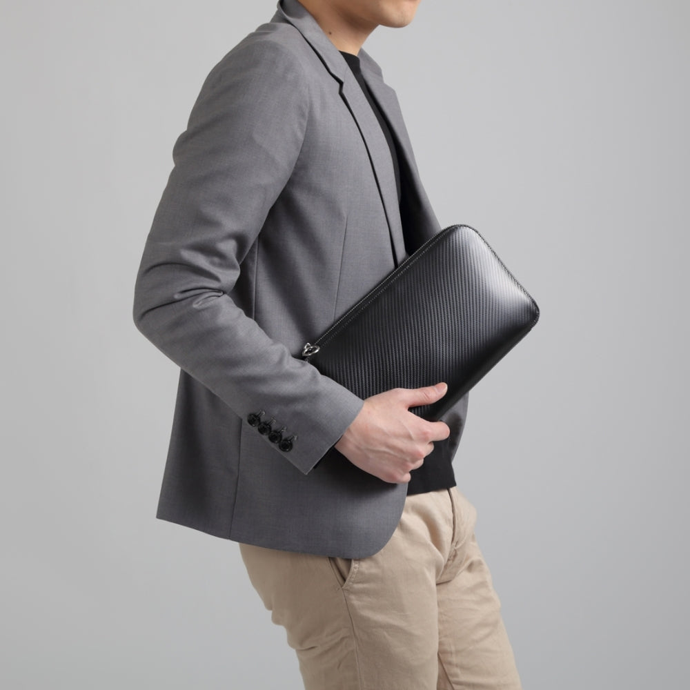 コードバン調/カーボン レザー L字ファスナー コンパクト クラッチバッグ