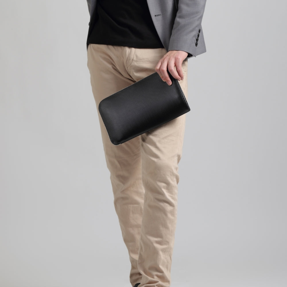 コードバン調/カーボン レザー L字ファスナー コンパクト クラッチバッグ
