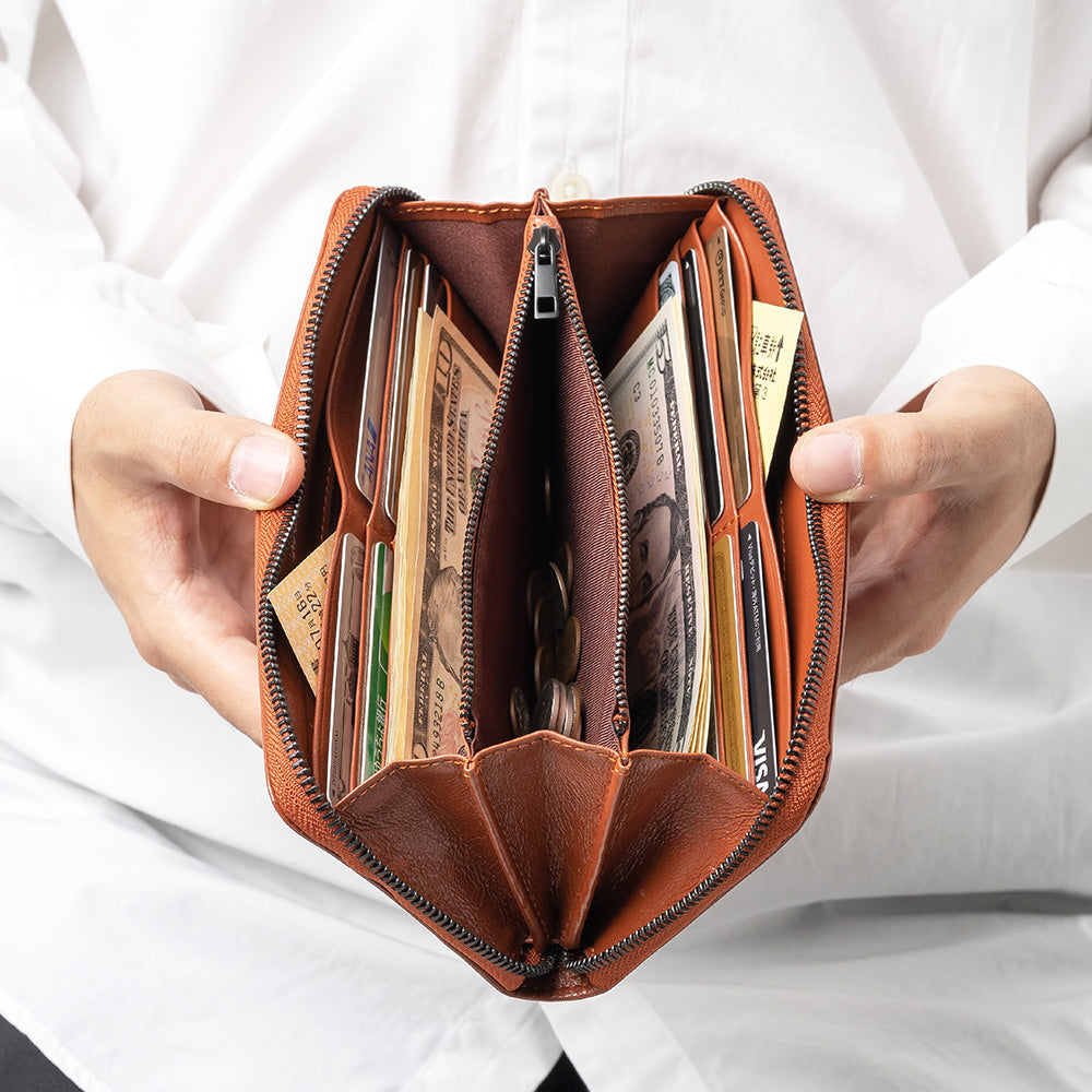 ラウンドファスナー ゴートレザー スキミング防止機能付き 長財布