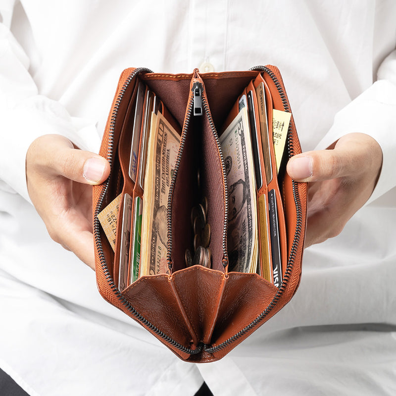 ラウンドファスナー ゴートレザー スキミング防止機能付き 長財布