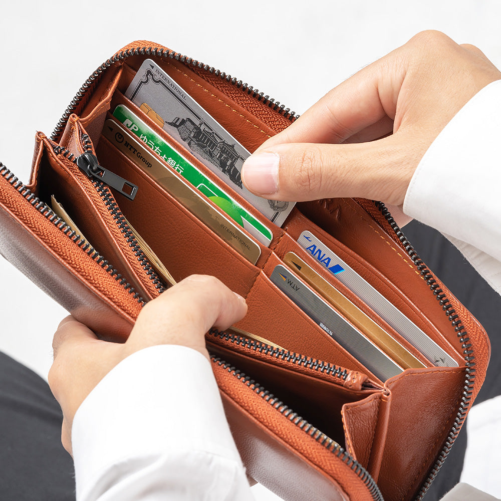 ラウンドファスナー ゴートレザー スキミング防止機能付き 長財布