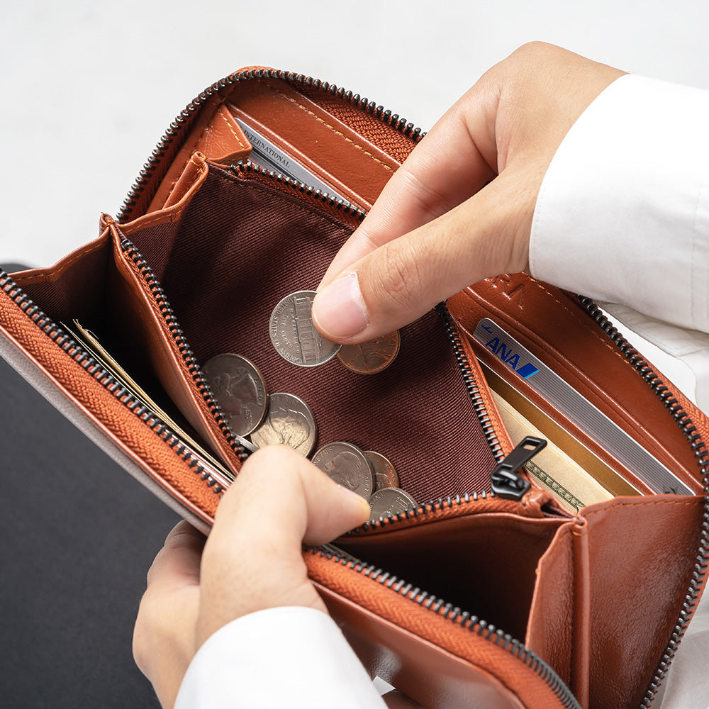 ラウンドファスナー ゴートレザー スキミング防止機能付き 長財布