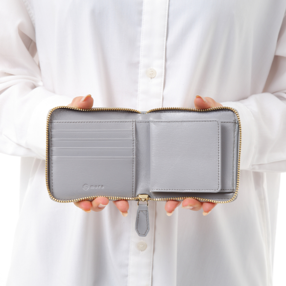 ラウンドファスナー ゴートレザー スキミング防止機能付き スクエア 二つ折り財布