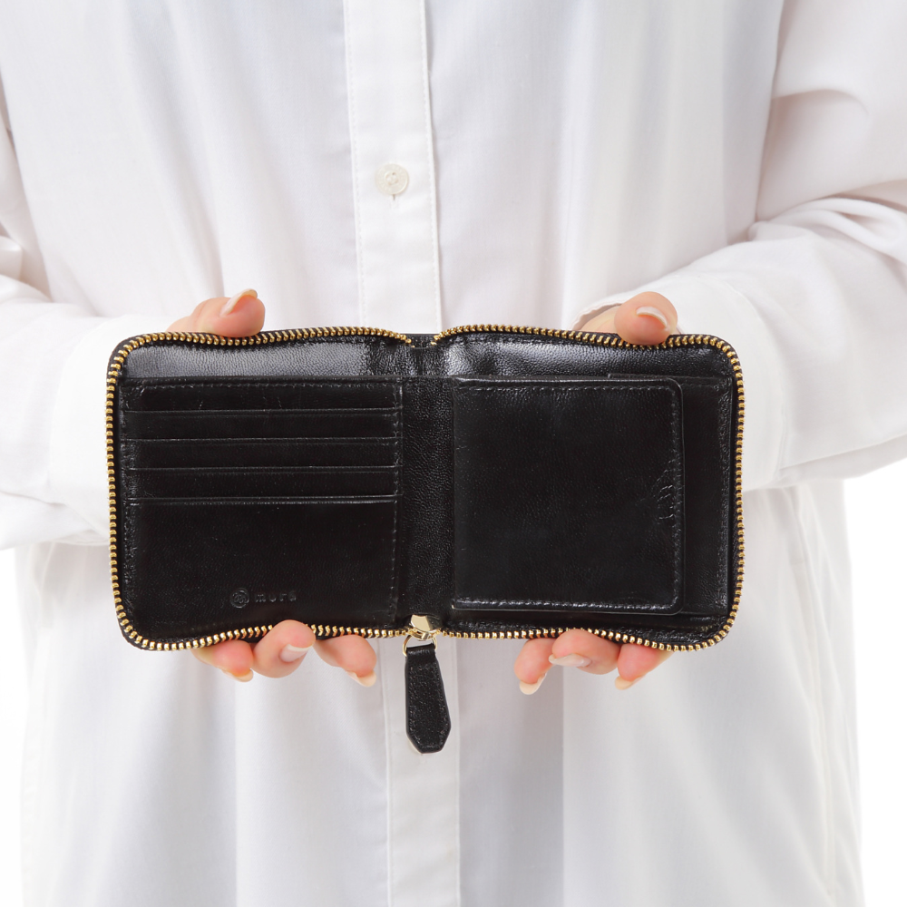 ラウンドファスナー ゴートレザー スキミング防止機能付き スクエア 二つ折り財布