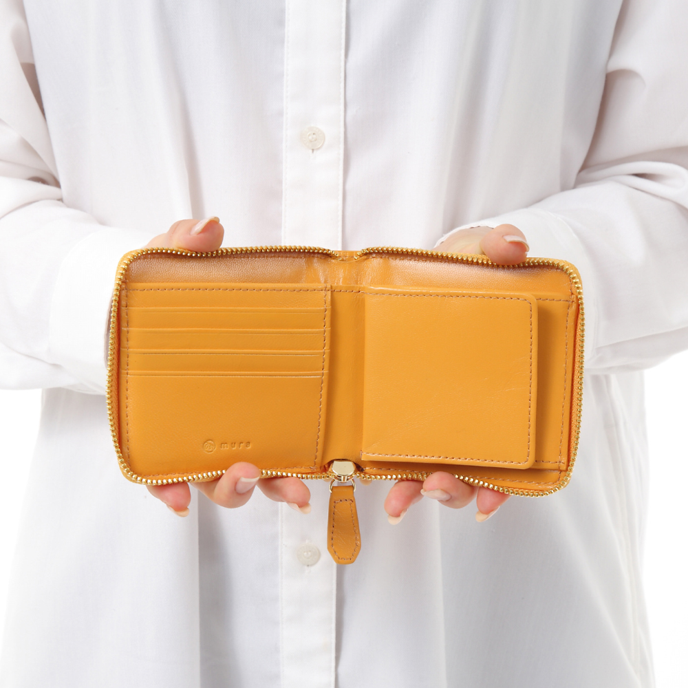 ラウンドファスナー ゴートレザー スキミング防止機能付き スクエア 二つ折り財布