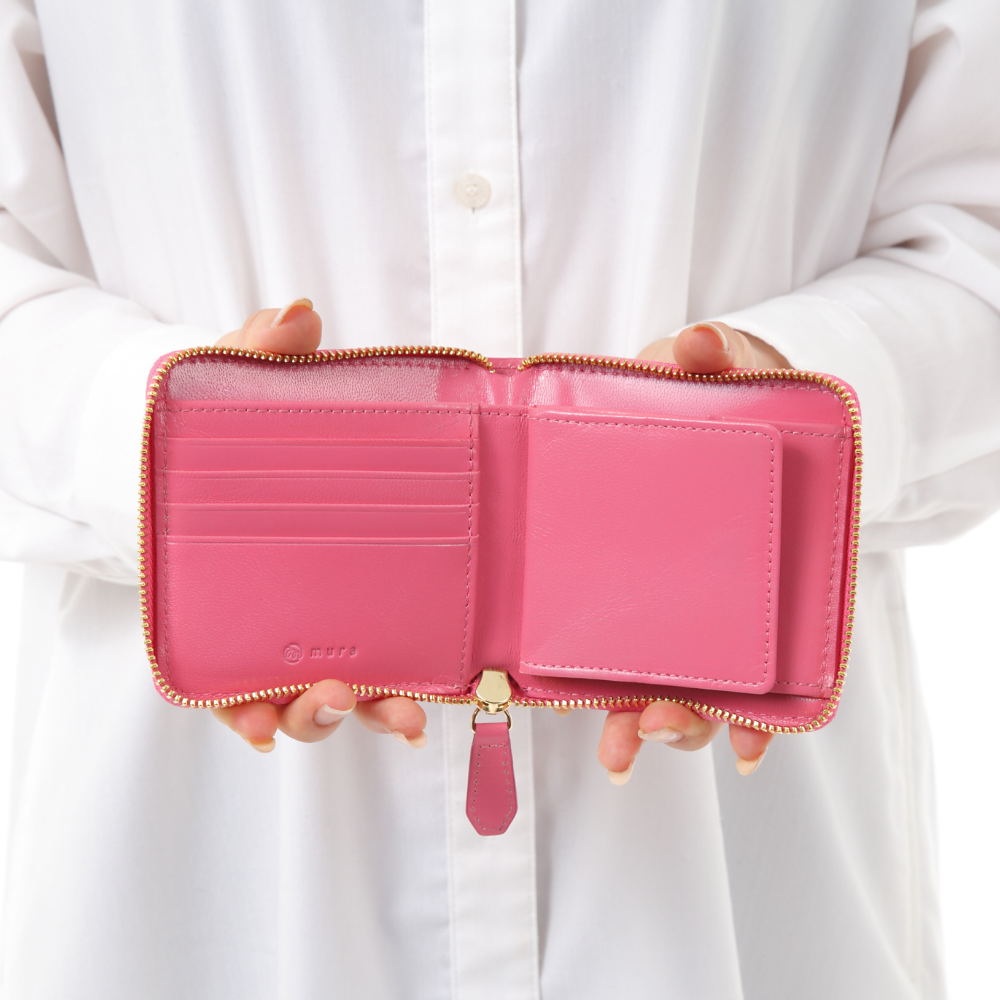 ラウンドファスナー ゴートレザー スキミング防止機能付き スクエア 二つ折り財布