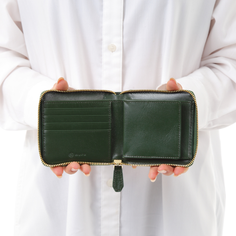 ラウンドファスナー ゴートレザー スキミング防止機能付き スクエア 二つ折り財布