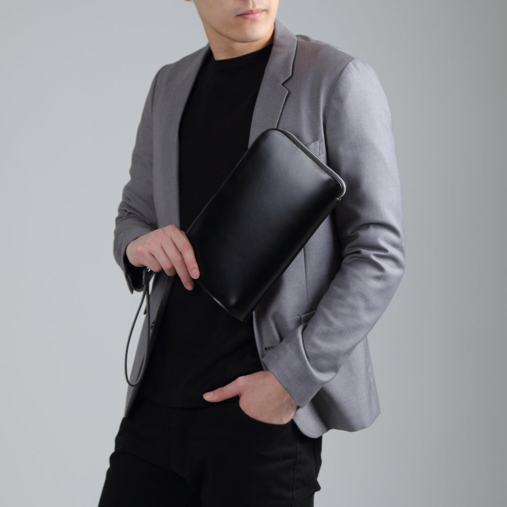 コードバン調/カーボン レザー L字ファスナー コンパクト クラッチバッグ