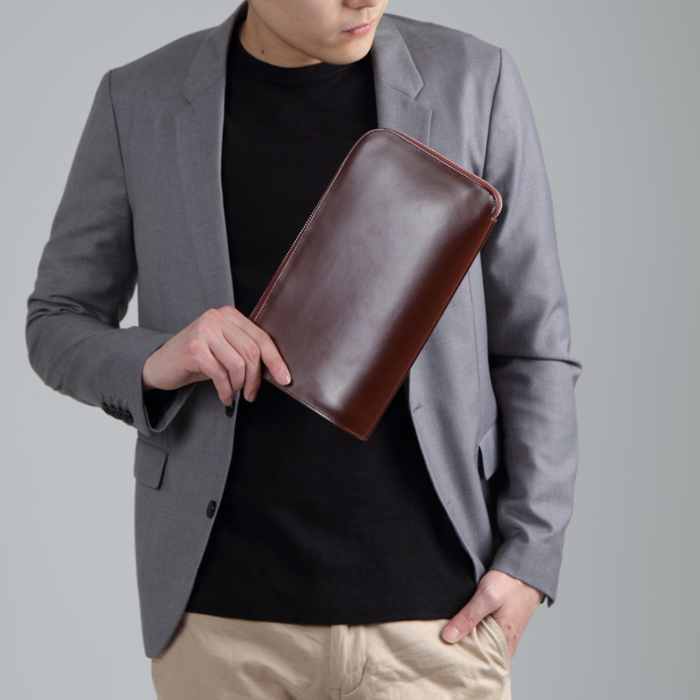 コードバン調/カーボン レザー L字ファスナー コンパクト クラッチバッグ