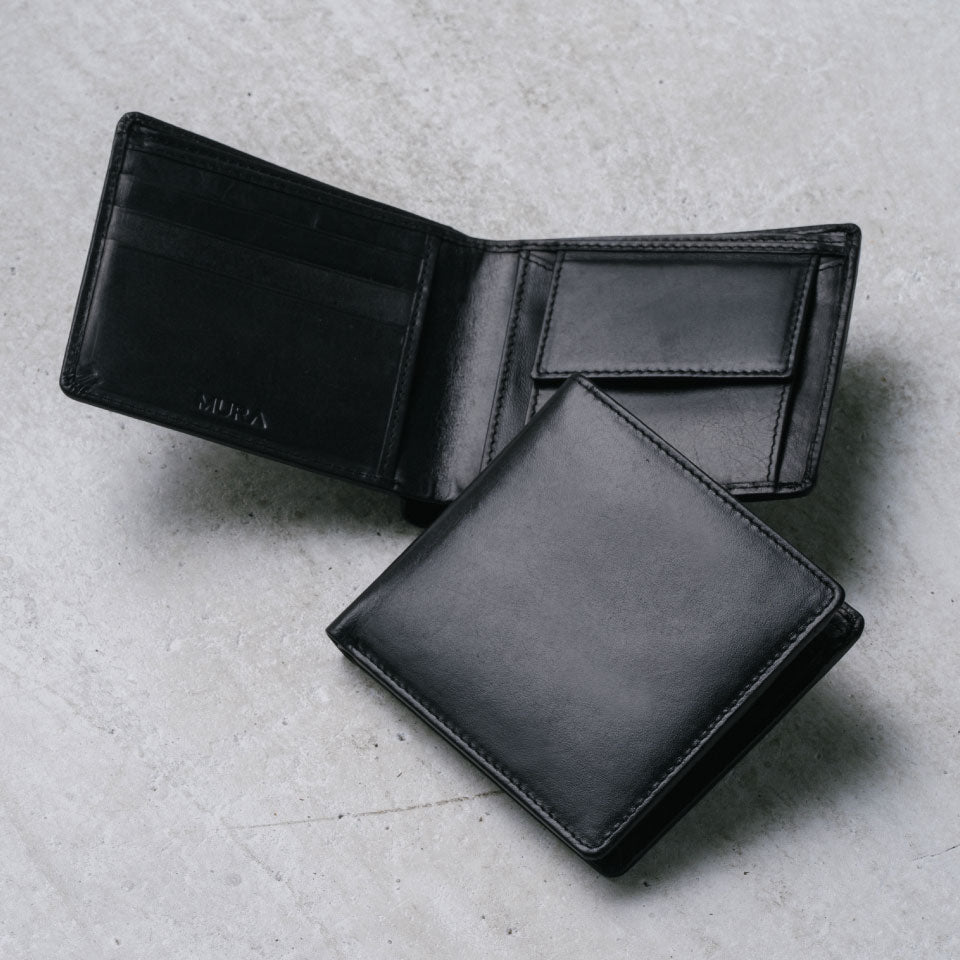横125×縦95×厚み30ゴート（バイカラー） 二つ折り財布（小銭入れ付） - Black
